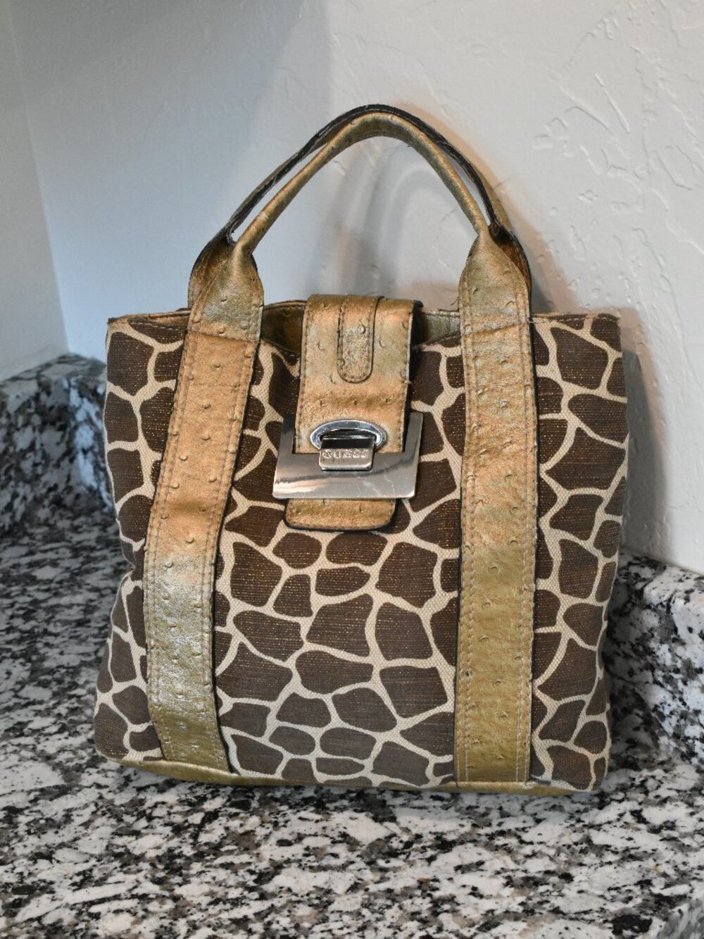 Vintage Guess Ostrich Embossed Handbag Y2K Brown Animal Print Satchel